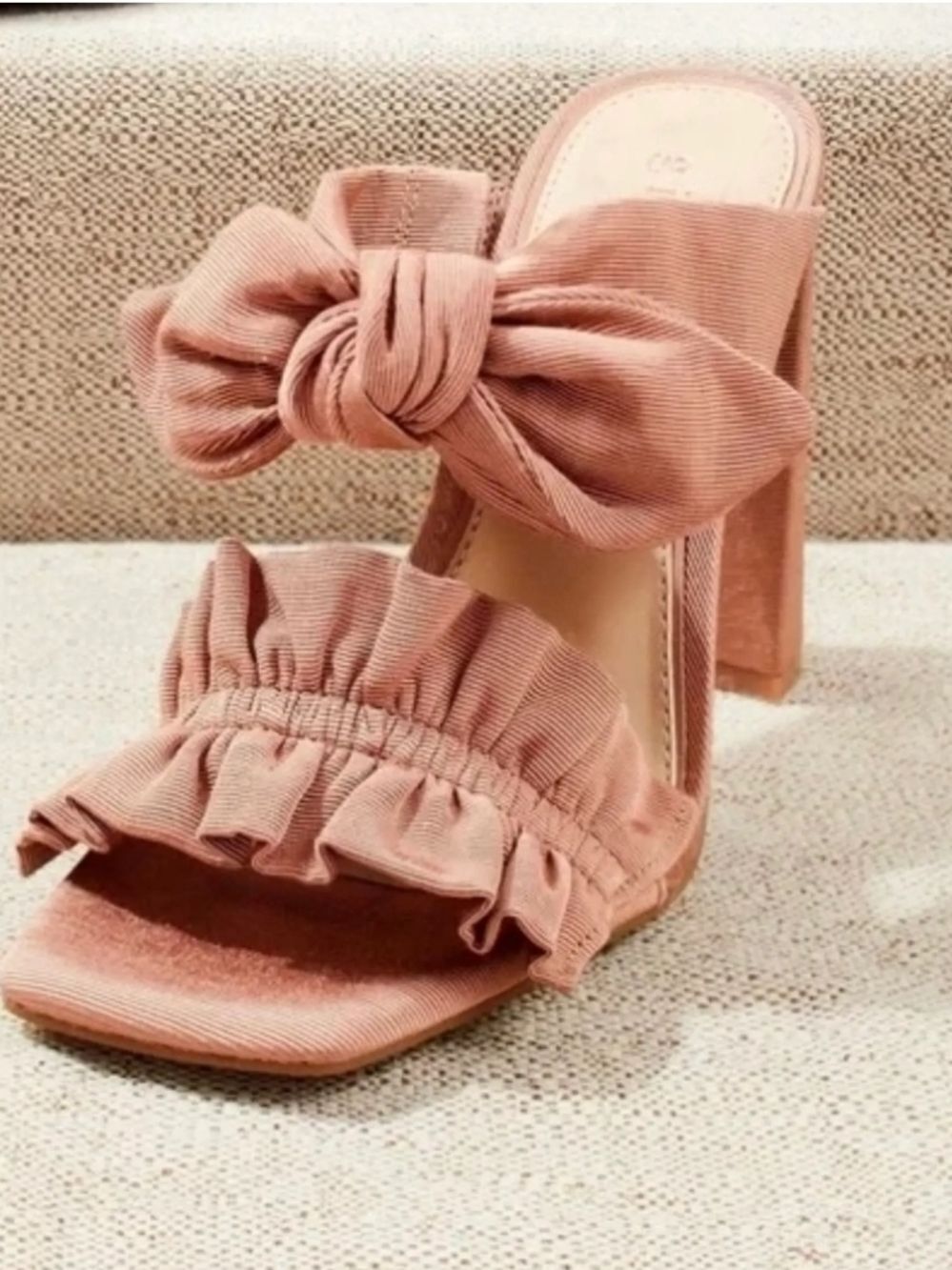 Blush Pink Ruffle Bow Block Heel Sandals - Women